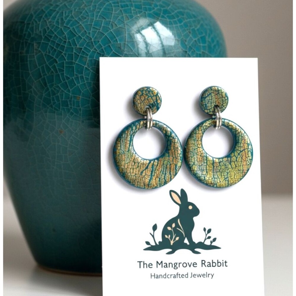 Teal and Metallic Gold & Copper Foil Handmade Polymer Clay Hoop Dangle Earrings